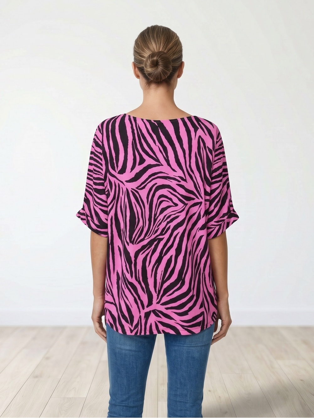 Dear Scarlett Bold & Vibrant Pink & Black Zebra Print Blouse with Cuffed Sleeves - Picture 2 of 7